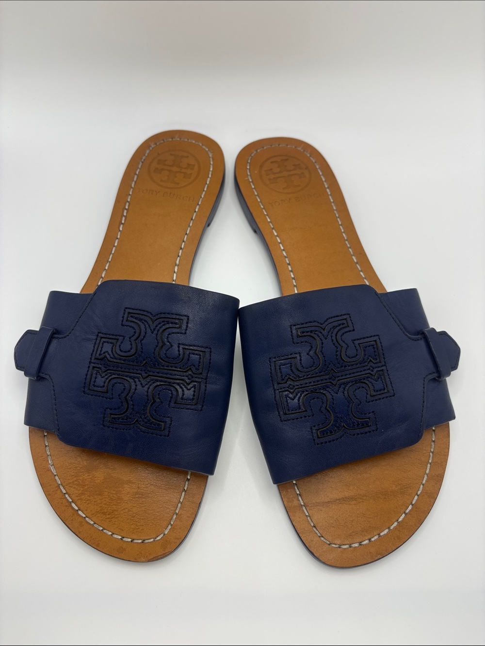 Tory Burch Navy Leather Logo Slide Sandals